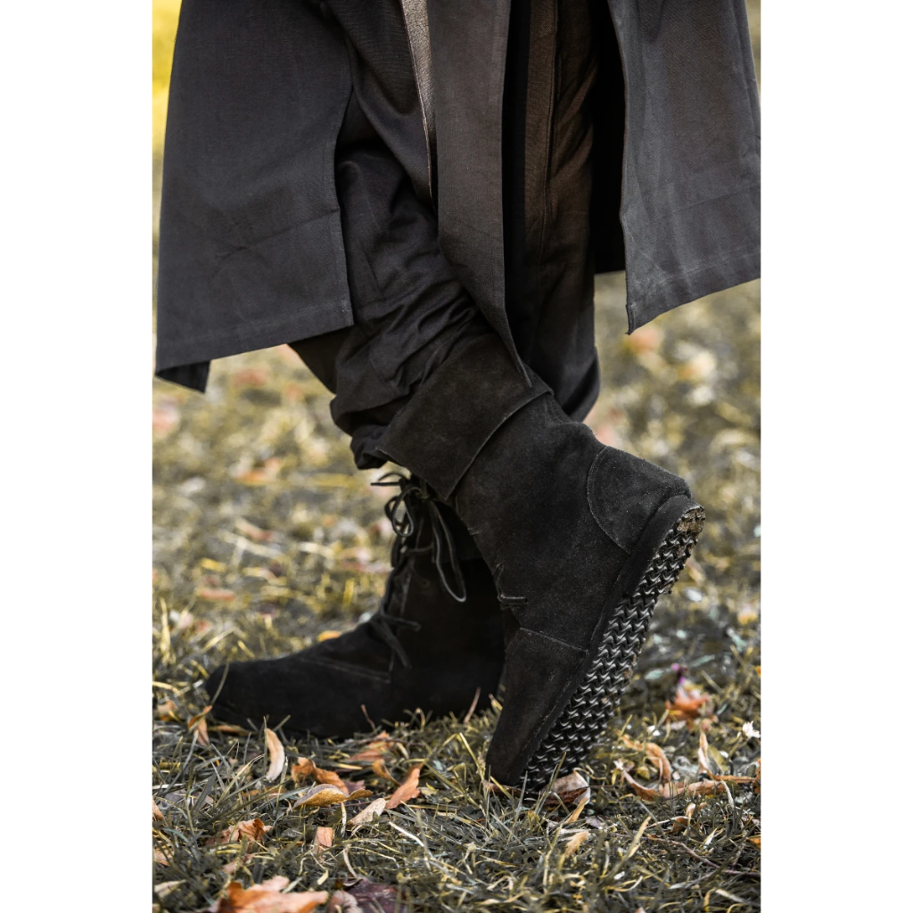 Mittelalterstiefel mit Schnürung und Stulpe Veloursleder schwarz - Mittelalterliches Schuhwerk