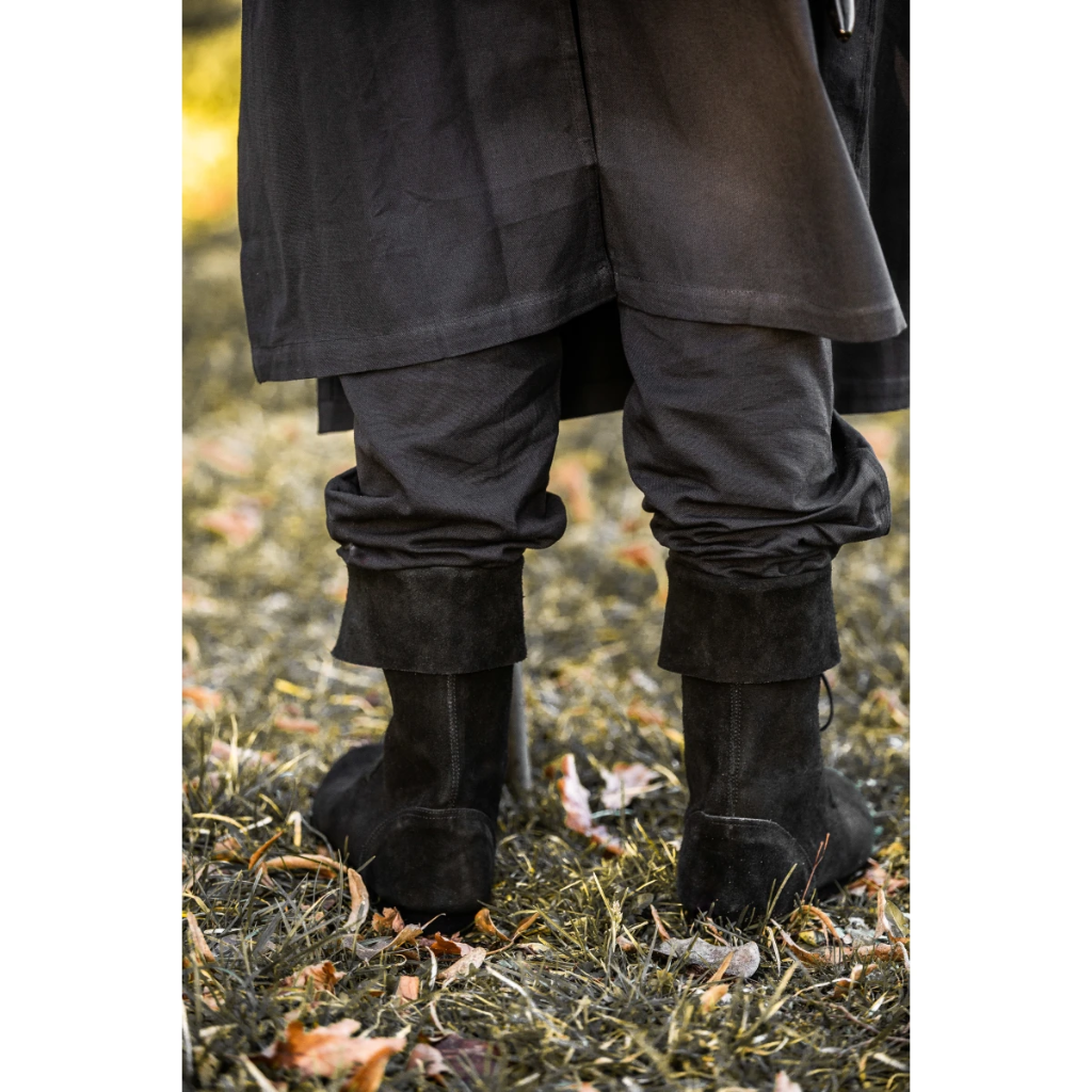 Mittelalterstiefel mit Schnürung und Stulpe Veloursleder schwarz - Mittelalterliches Schuhwerk