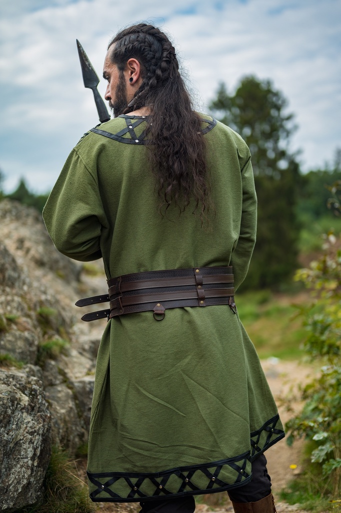 Wikingertunika Erik Grün mit Lederapplikation und Nieten Wikinger