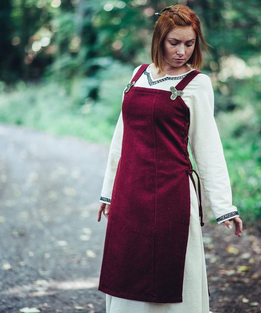 [35308-001] Überkleid 'Aila'' Wolle rot Schürze Wikinger Gewand - Mittelalter Larp (S/M)