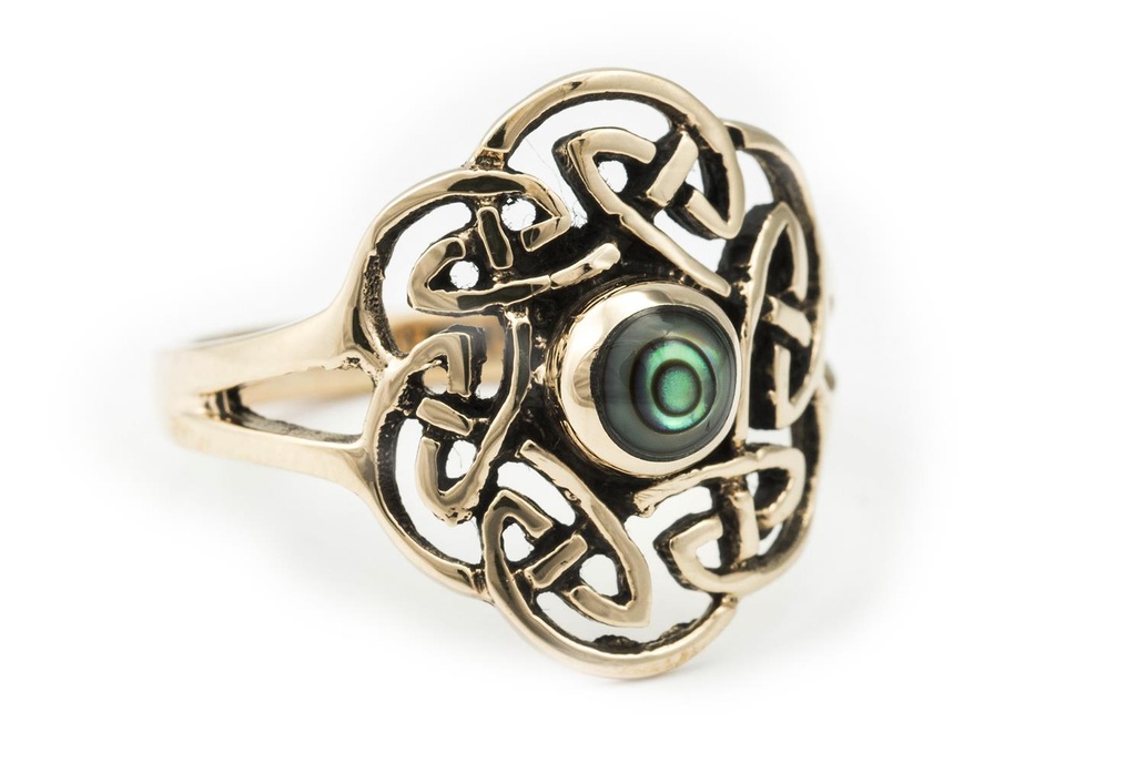 [6779-001] Keltischer Ring "Tavia" aus Bronze – 16 mm breiter Ring mit Paua-Muschel und Knotenmuster  (14,5 / 46)