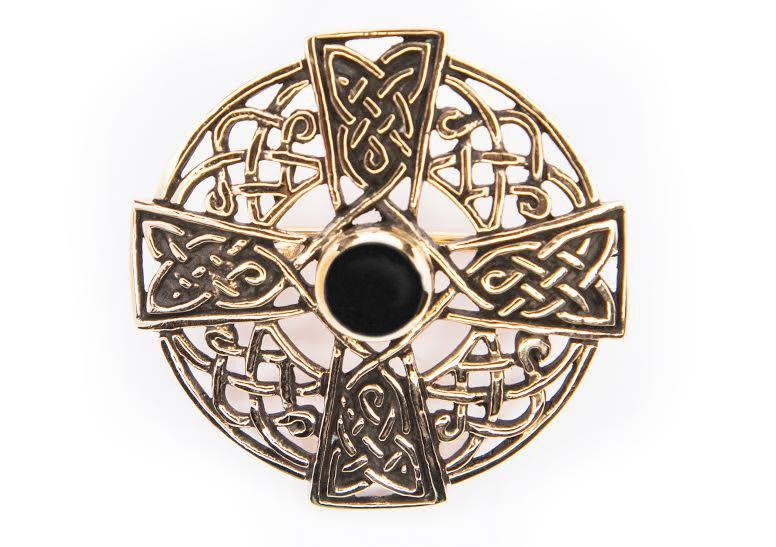 Keltische Fibel Brosche "Namida" aus Bronze – Kreuz mit Onyx 3,4 cm