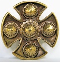 Wikinger Kreuz-Schild messingfarben – 50 mm Schildniete mit floralen Buckeln & 2 Nieten