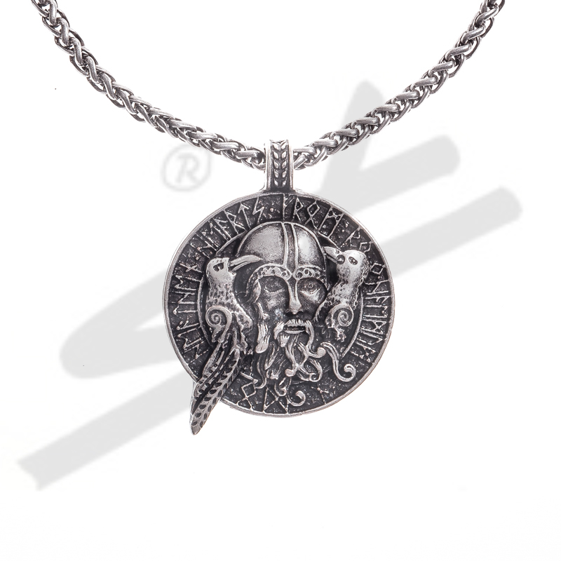 Odin mit Hugin & Munin – Silberfarbene Wikinger-Halskette
