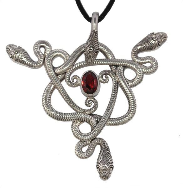 Schmuck Anhänger Trisula mit Granat 5,7 cm – Silber 925 – Mystisches Amulett der Transformation