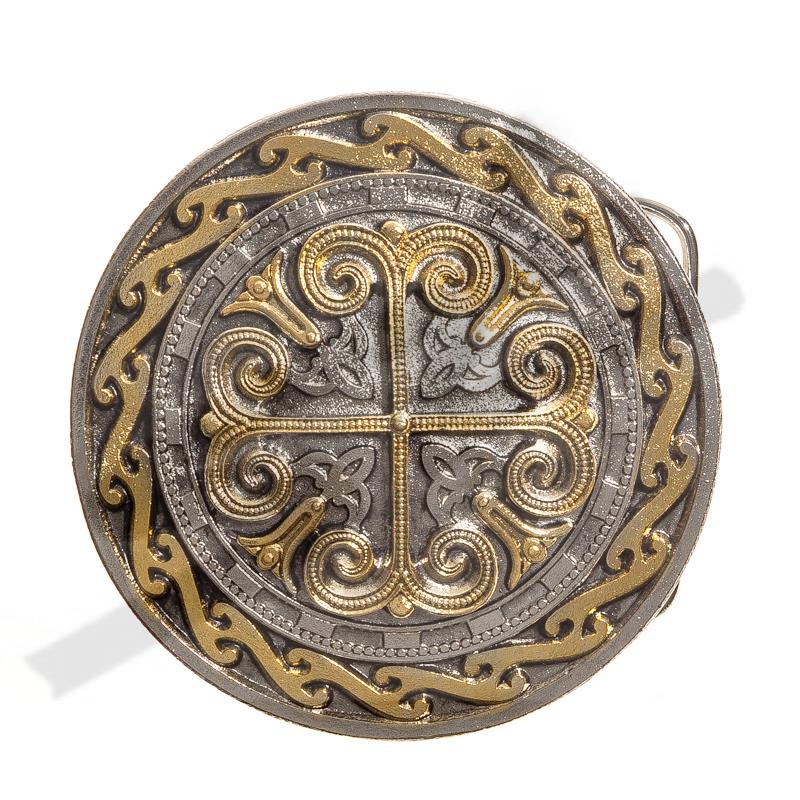 Zinnschließe Lilien und Kreuzmotiv