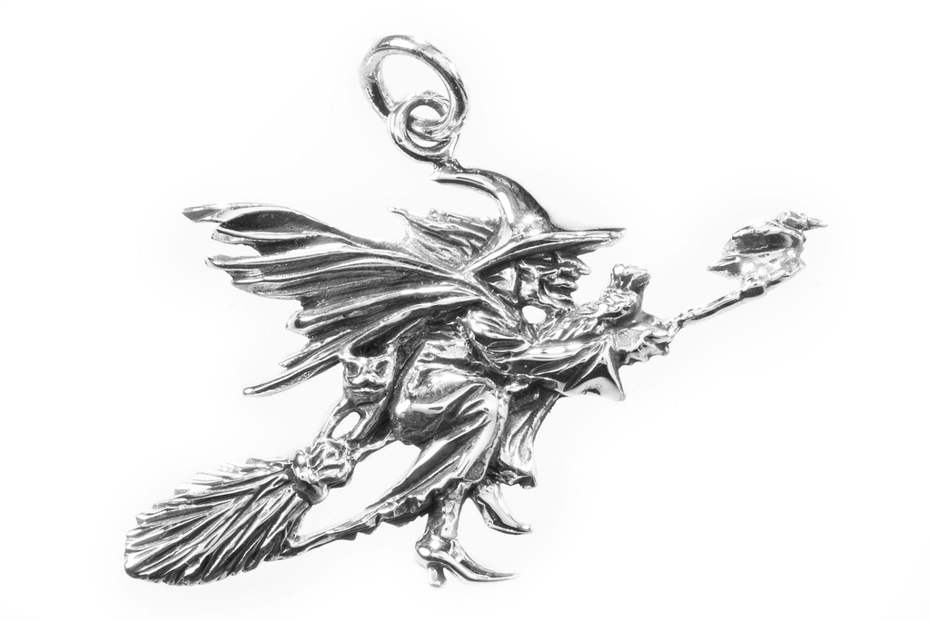 Schmuckstück  Schmuck Anhänger MADAME MIM 4.2 cm Rabe und Hexenbesen Silber 4.5 cm