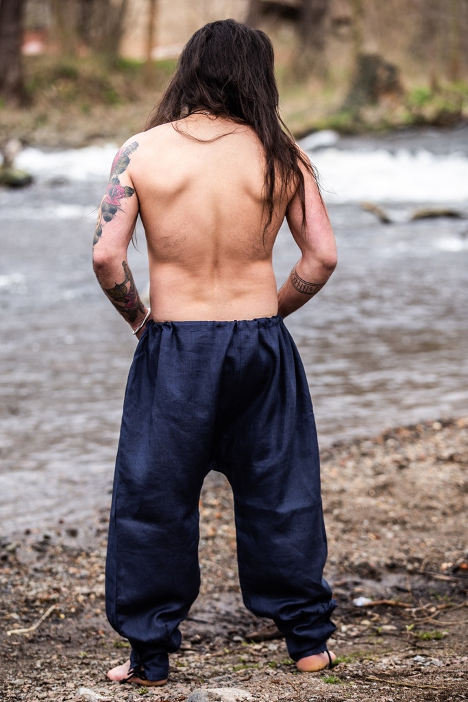 [3895dbl] Wikingerhose mit Beinschnürung Wodan dunkelblau Leinen (S)