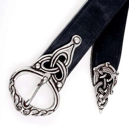 [nan.le.br.gr.s.me.si] Wikinger-Gürtel + Riemenzunge - 3 cm (S, braun, silber)
