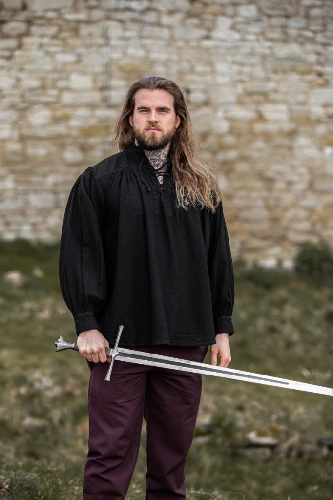 Mittelalter-Stehkragen-Schnürhemd „Friedrich“ – Authentisches Baumwoll-Leinen-Hemd in Schwarz