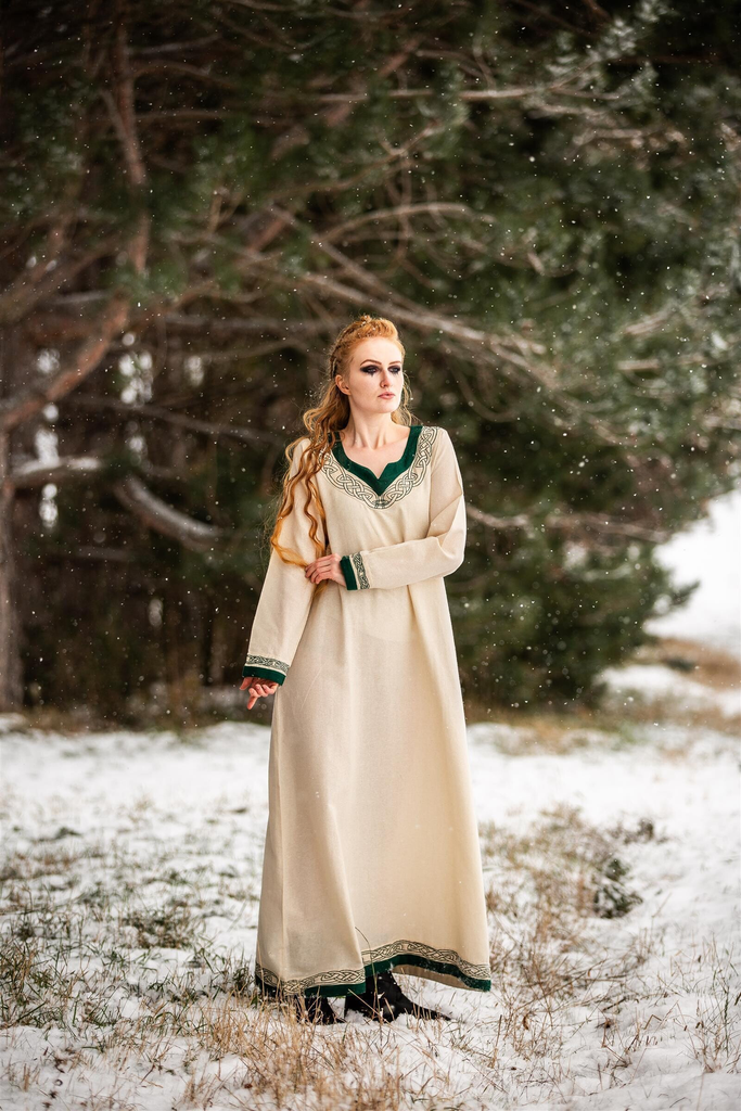 Wikingerkleid bestickt  "Lagertha" Natur/Grün - Frühmittelalterliches Gewand Wikinger Kelten  (XS)